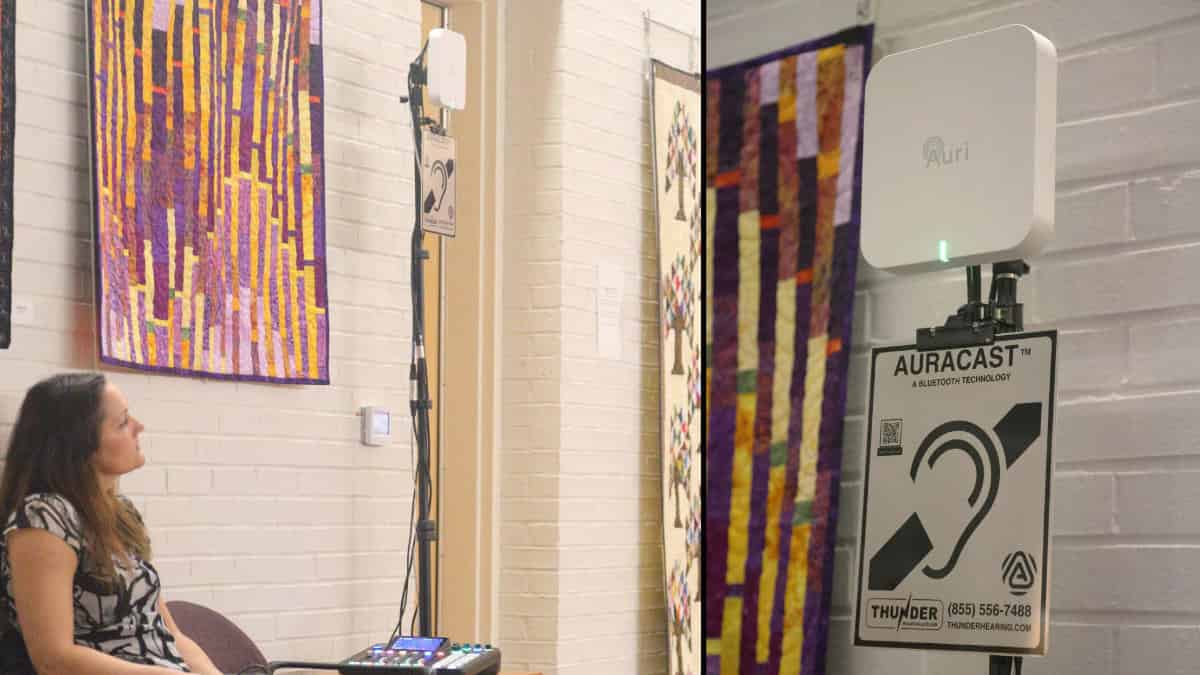 Auracast systems, like the one shown, act like a “radio station” for Bluetooth LE Audio, allowing users to tune in to audio in public venues via an unlimited number of hearing devices (hearing aids, cochlear implants, or compatible earbuds).