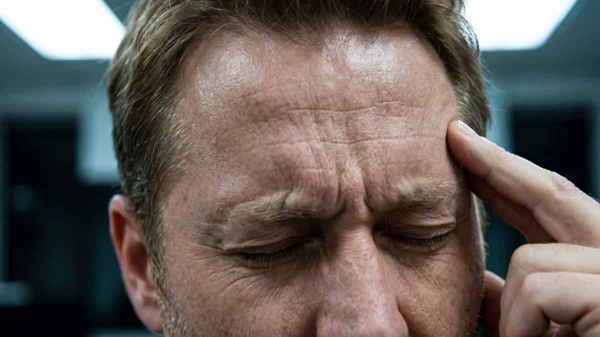 Man straining to hear with one finger on temple