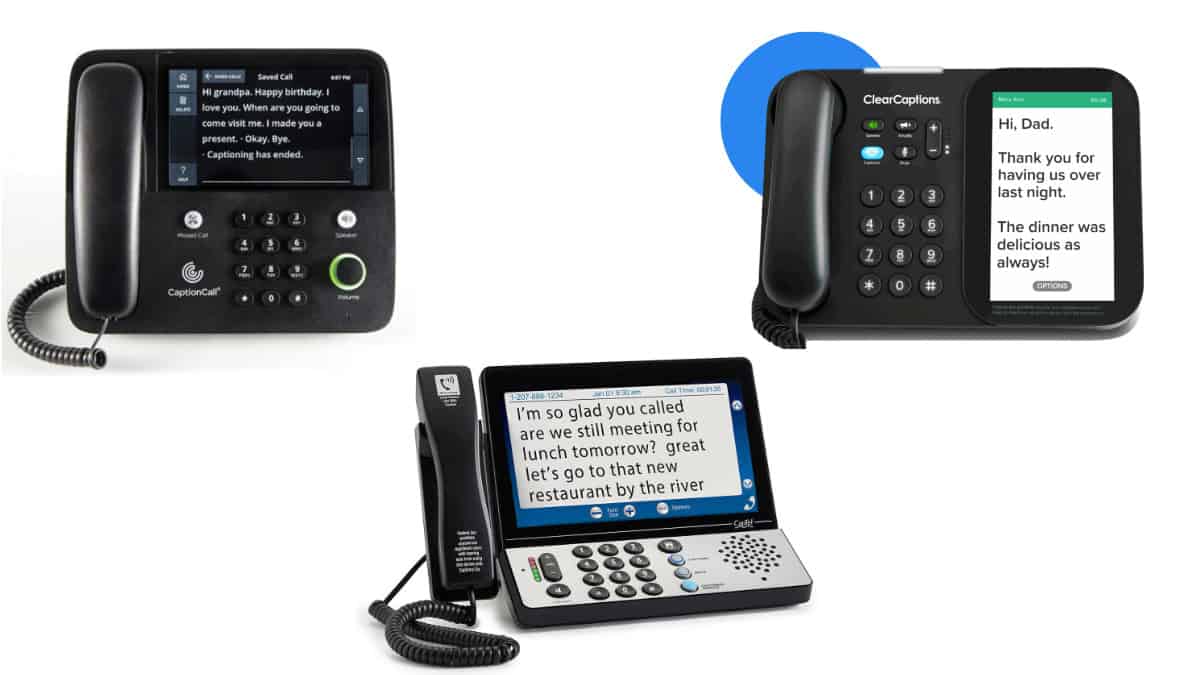 Clockwise from top left: CaptionCall, ClearCaptions, and CapTel captioned telephones.