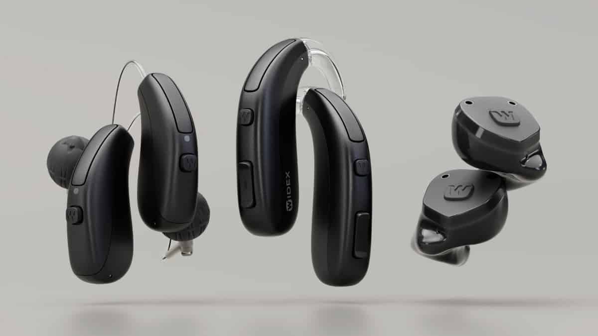 In addition to Widex Allure receiver-in-canal hearing aids (far left), the company has now introduced its new behind-the-ear (BTE, middle) and in-the-ear (ITE, right) styles.