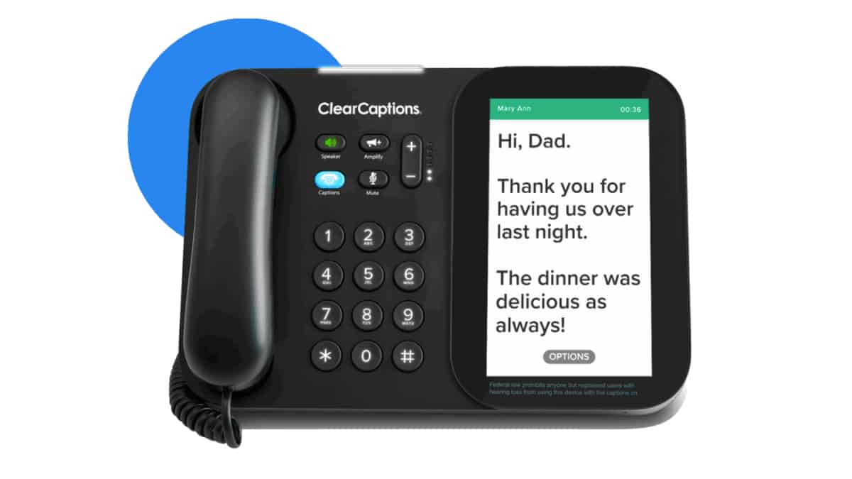 The ClearCaption Blue captioned phone looks and functions like a standard telephone, except it displays text of the conversation in near real-time and can amplify the other party's voice. It has buttons for activating Captions on the screen (blue button), Amplify, Volume, and Mute. There are also onscreen options you can use to customize the phone for your individual needs.