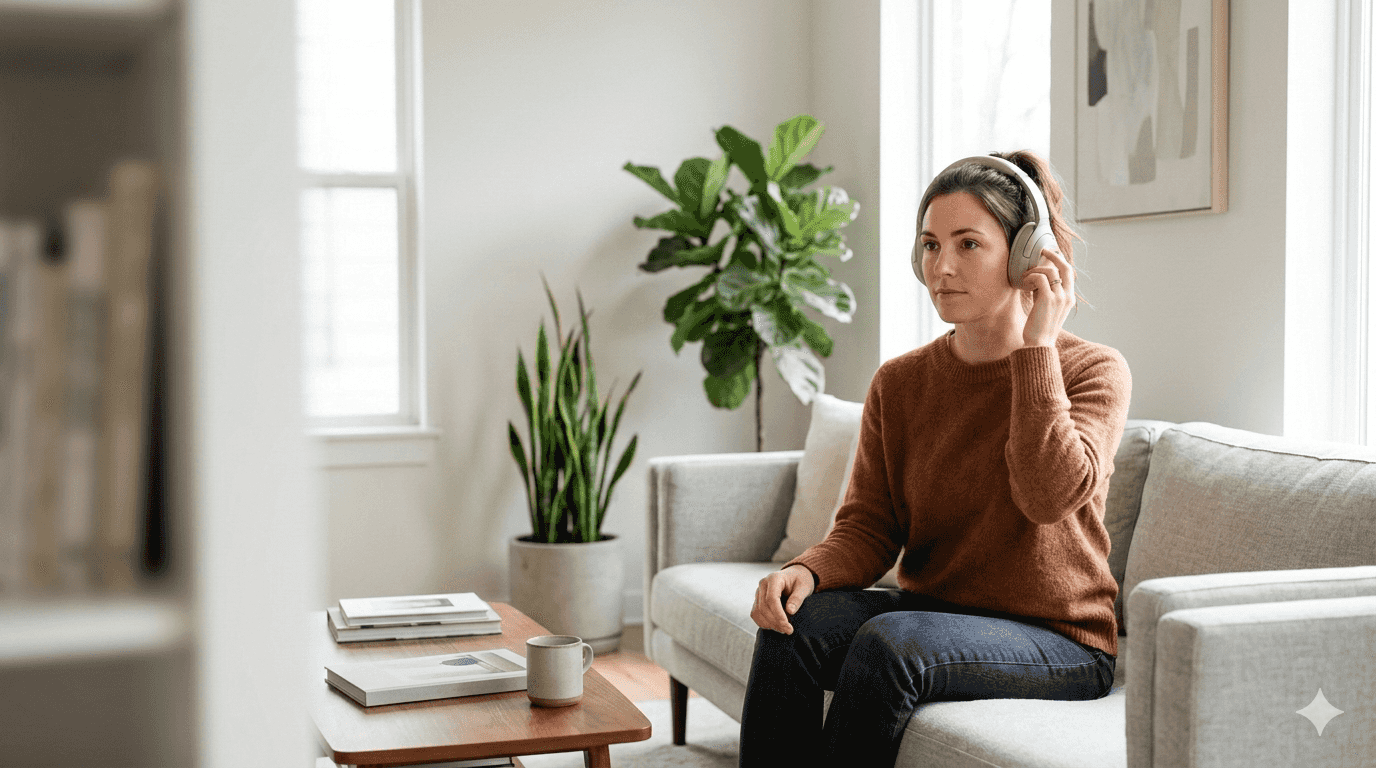 Woman sitting on a sofa wearing headphones, touching the left earcup to manually turn down the volume.