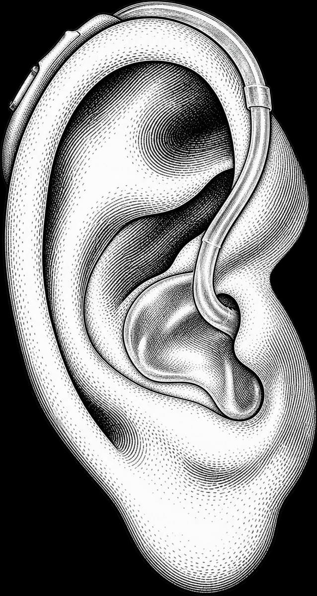 Engraving of a behind-the-ear hearing aid, its tube hooking over the ear to an earmold in the ear.