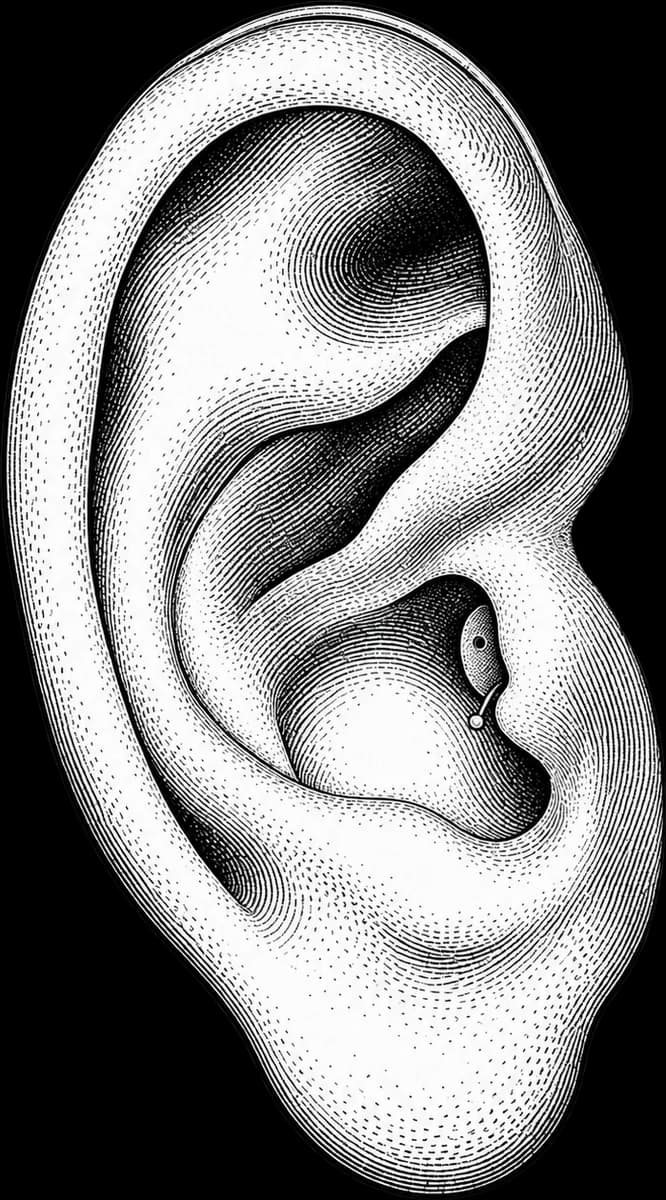 Engraving of a small in-the-canal hearing aid sitting in the opening of the ear canal.
