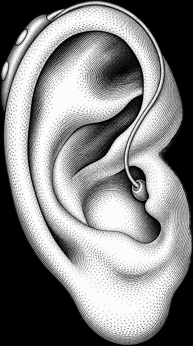 Engraving of a hearing aid worn behind the ear, its thin wire running over the ear to a receiver in the canal.