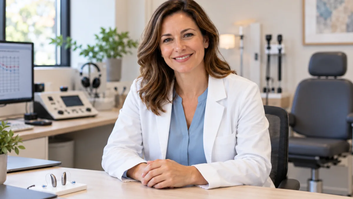 An audiologist at her desk in a hearing clinic