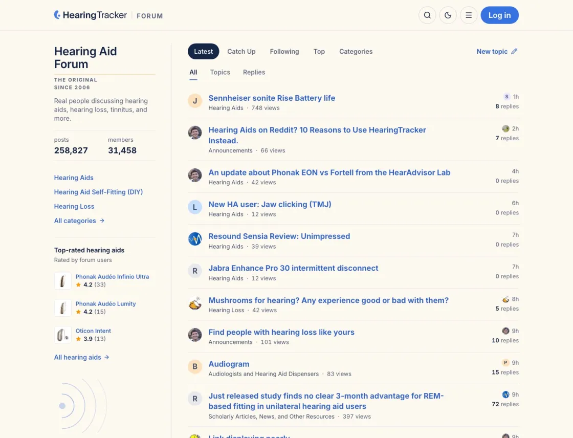 The Hearing Aid Forum homepage with recent discussions