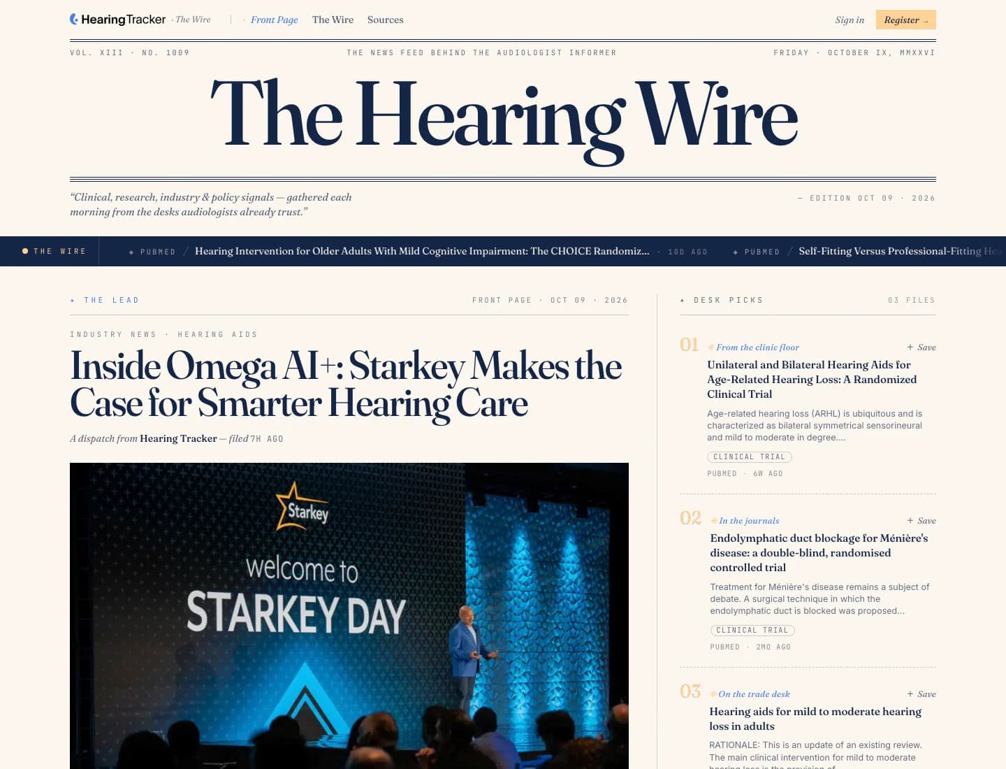 The Hearing Wire homepage with industry reporting and clinical research