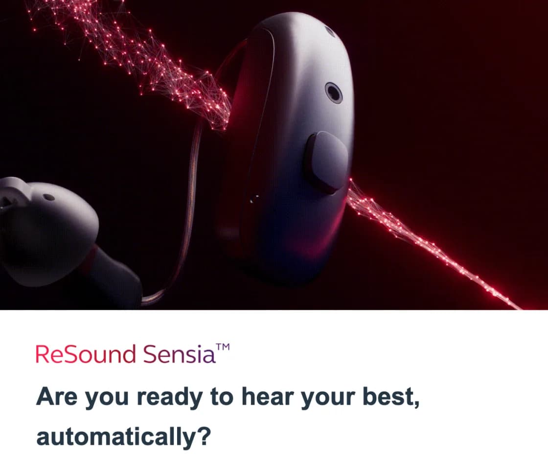 Dedicated email example: a ReSound hearing aid and receiver against a dark red background with light trails, above the ReSound Sensia name and the headline Are you ready to hear your best, automatically?