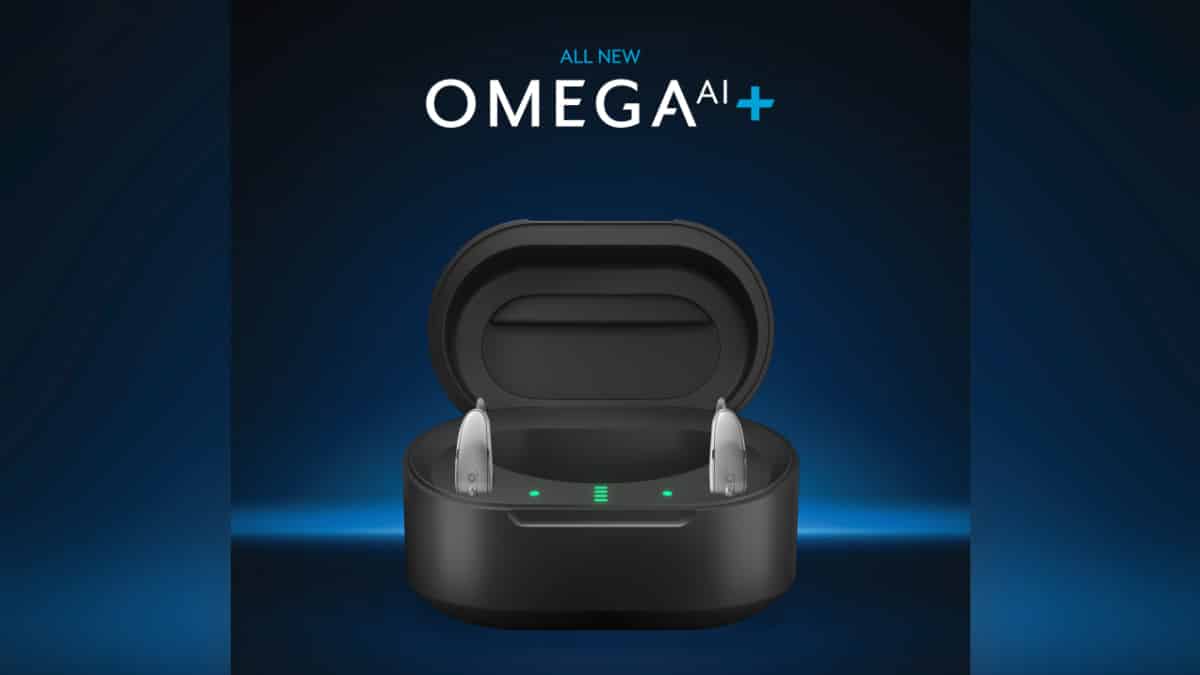 Starkey Omega AI+ hearing aids in charger with logo