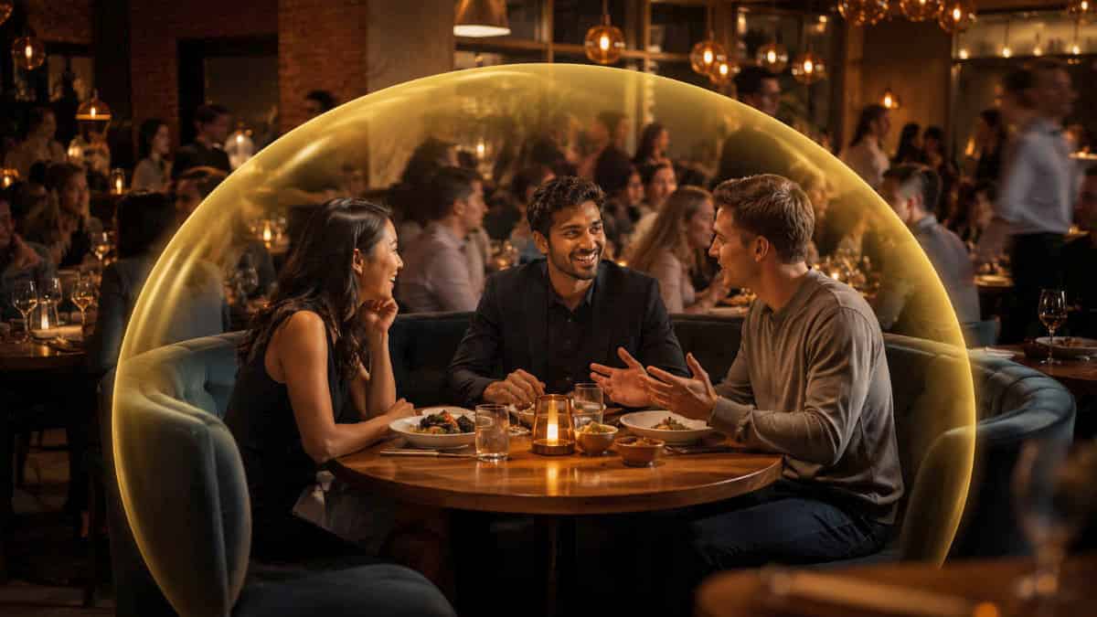 Drei Personen, umgeben von einer akustischen Blase in einem Restaurant