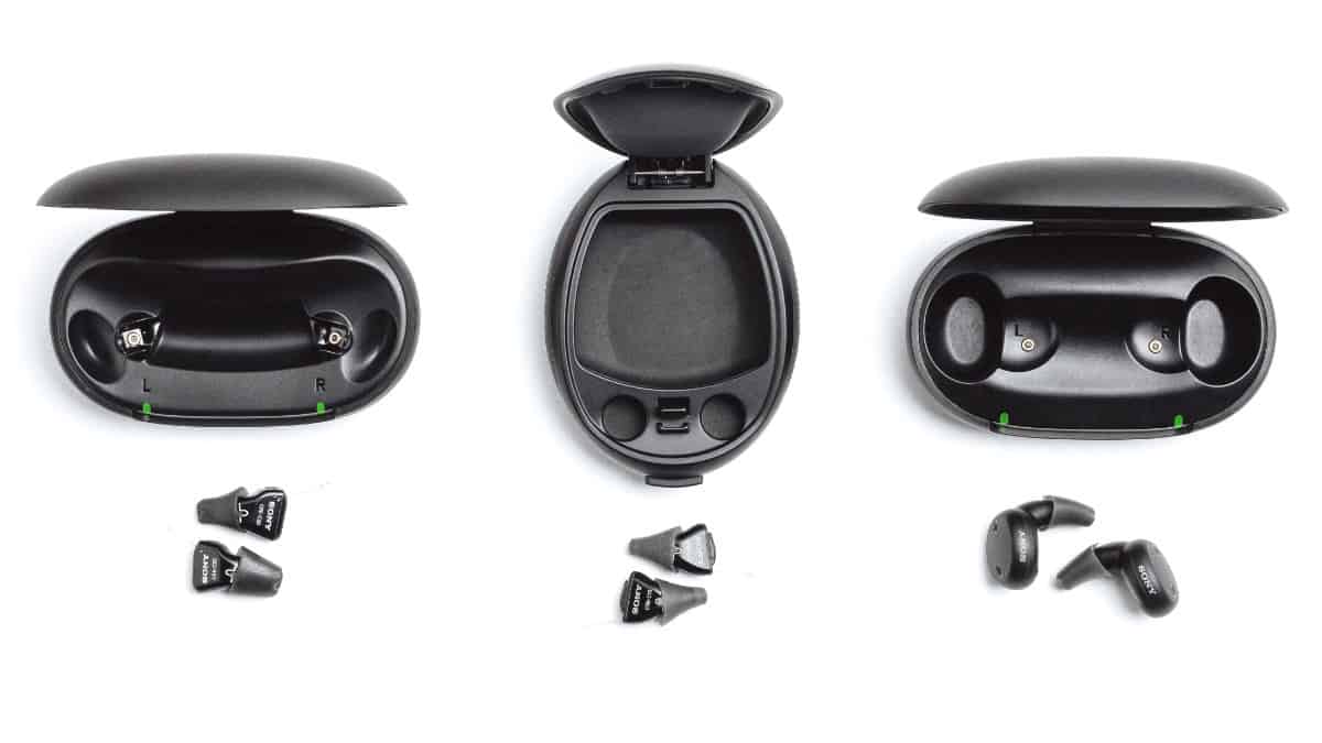 Left to right: Sony CRE-C20 rechargeable and CRE-C10 disposable-battery completely-in-canal (CIC) hearing aids, and Sony's flagship rechargeable CRE-E10 wireless earbuds.