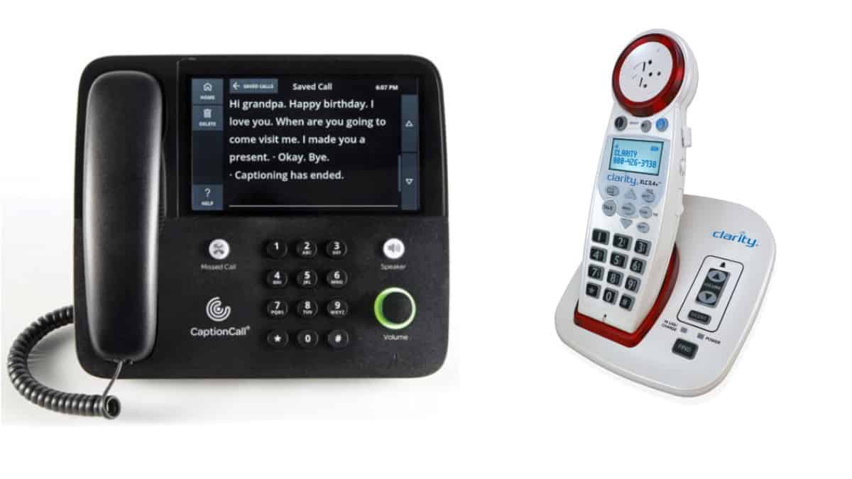 CaptionCall telephone with large screen for text and amplification (green glowing volume dial), and (on right) Clarity Professional XLC3.4+ Amplified Phone with volume up/down button on base.