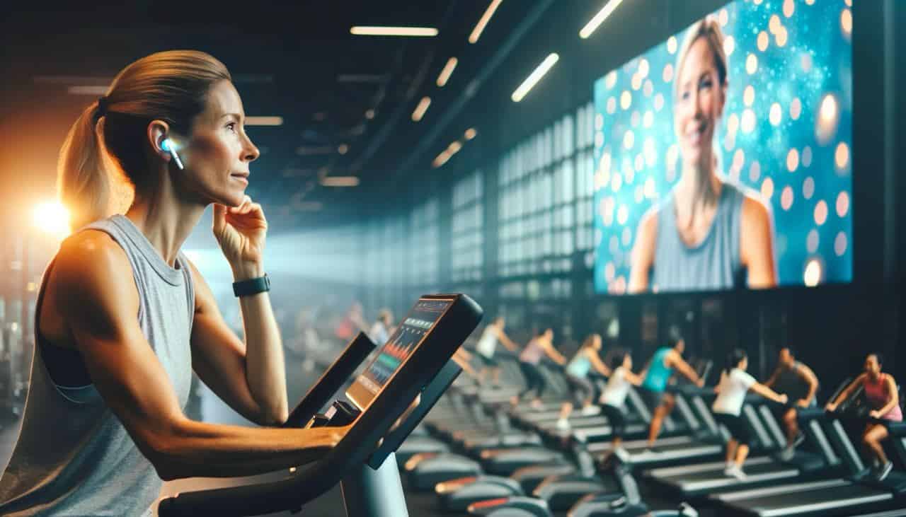 Illustration of a woman at the gym with Auracast enabled earbuds