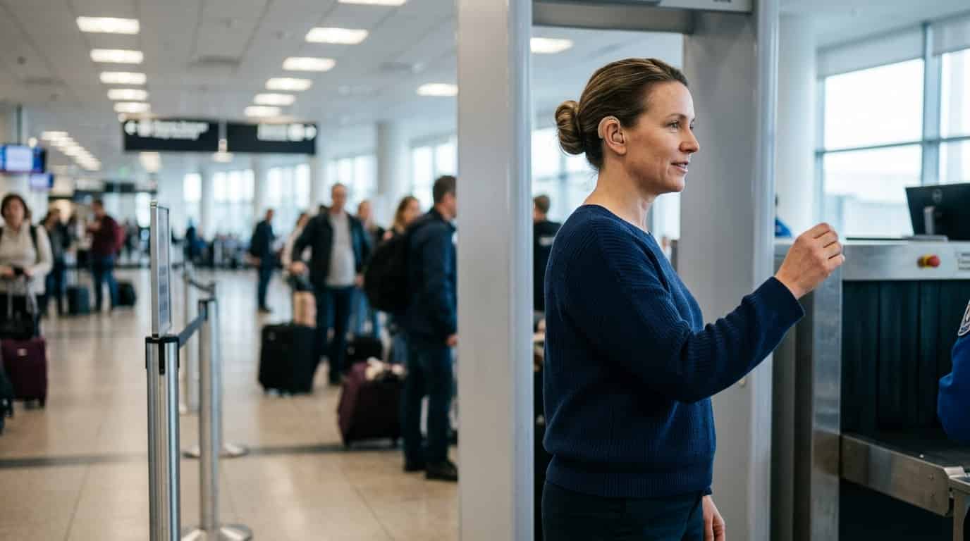Woman wearing a hearing aid walking through TSA scanner.